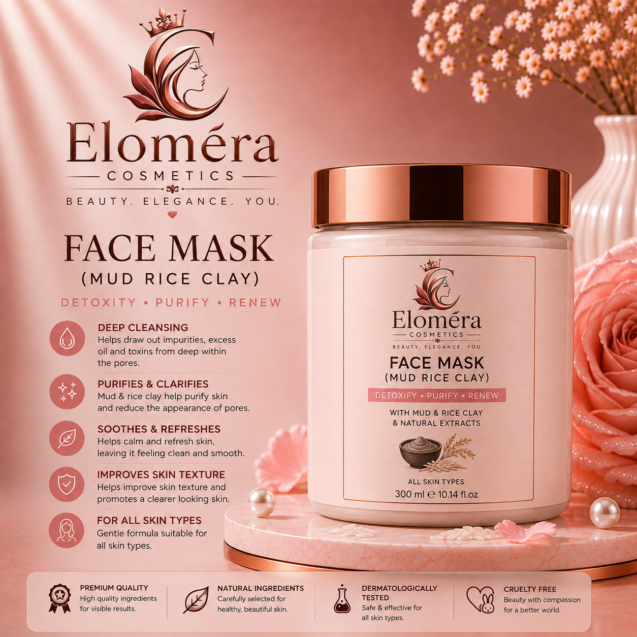 Eloméra Face Mask (Mud Rice Clay) Detoxify, Purify & Renew | 300ml