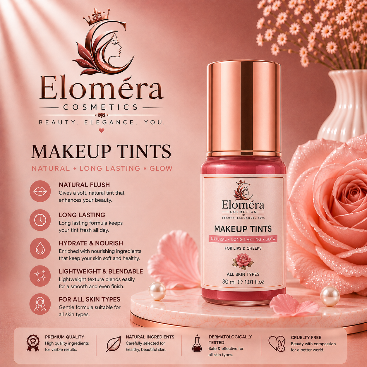 Eloméra Makeup Tints Natural Flush, Long-Lasting Glow for Lips & Cheeks | 30ml