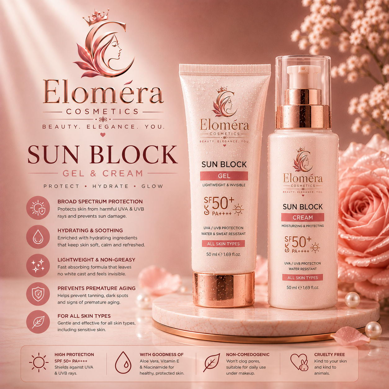 Eloméra Sun Block SPF 50+ Gel & Cream | Daily UV Protection